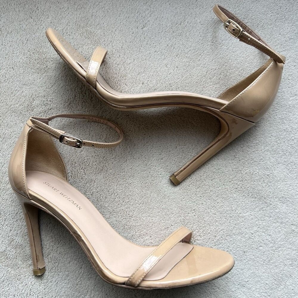 Stuart Weitzman Nudistsong Nude Adobe Patent Leather Sandal Women 6 Ankle Strap